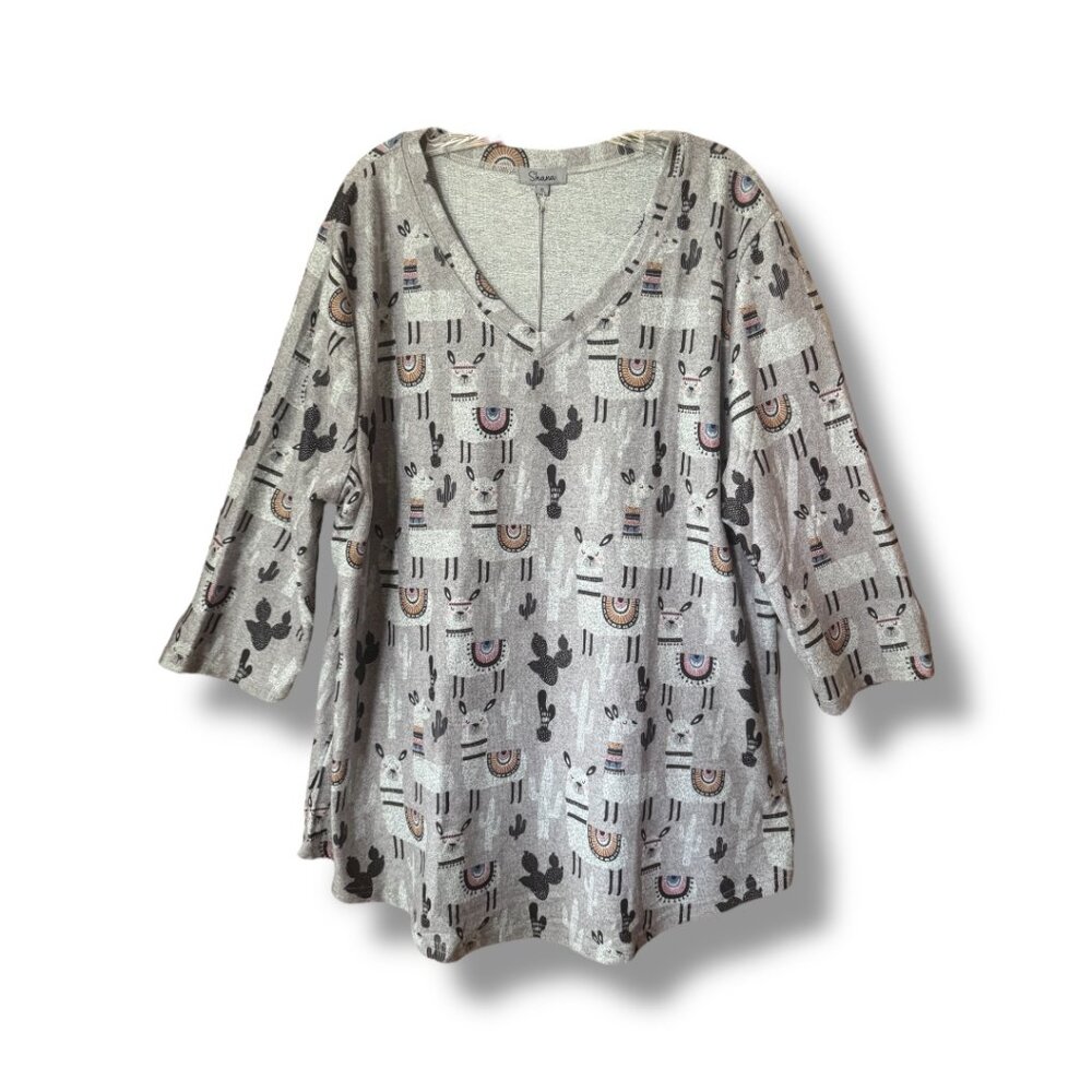 Shana Flannel Jersey V-Neck LLama Top NWT